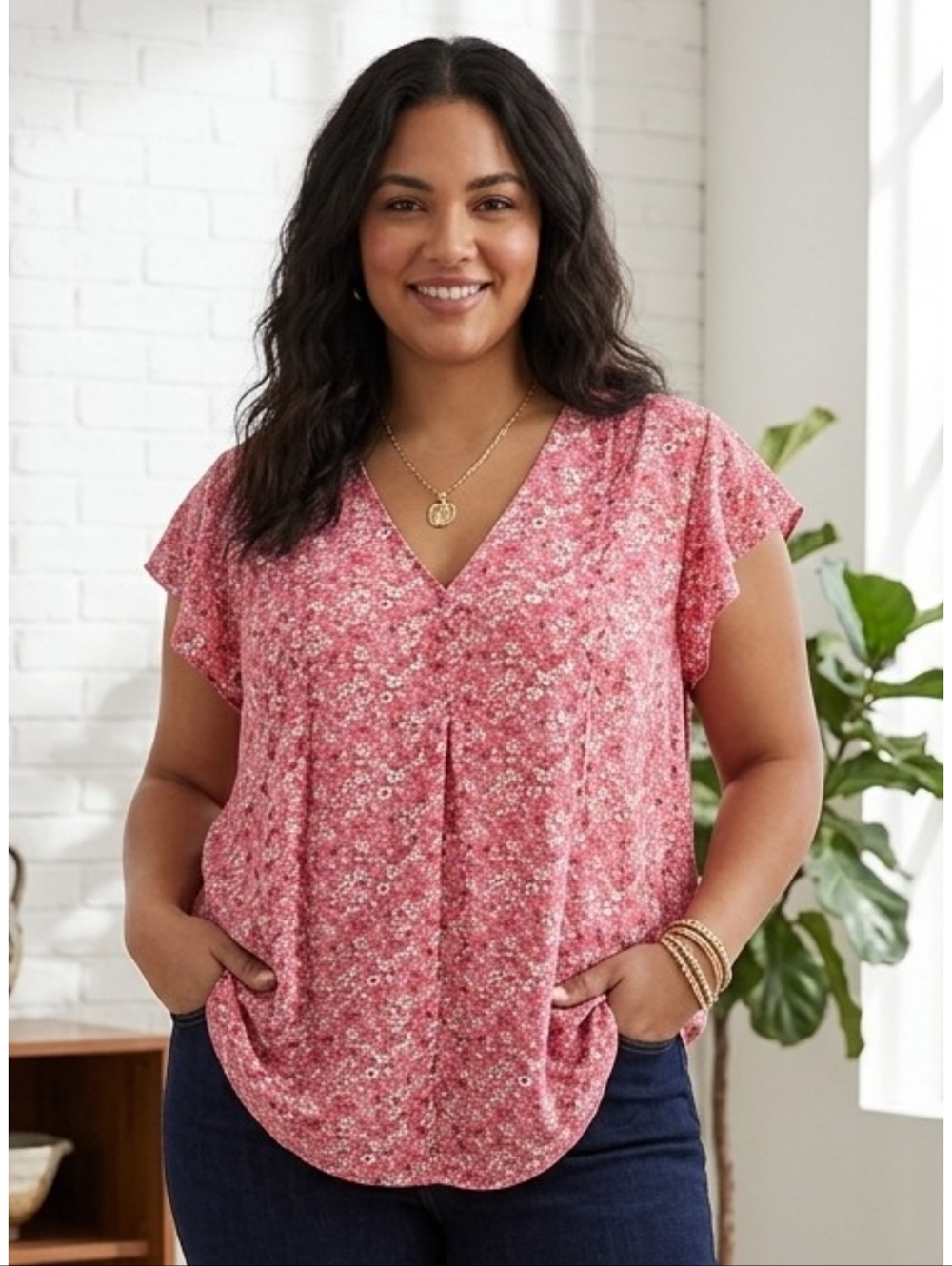 Cynthia Rowley Pink Ditsy Floral Blouse Size 2X